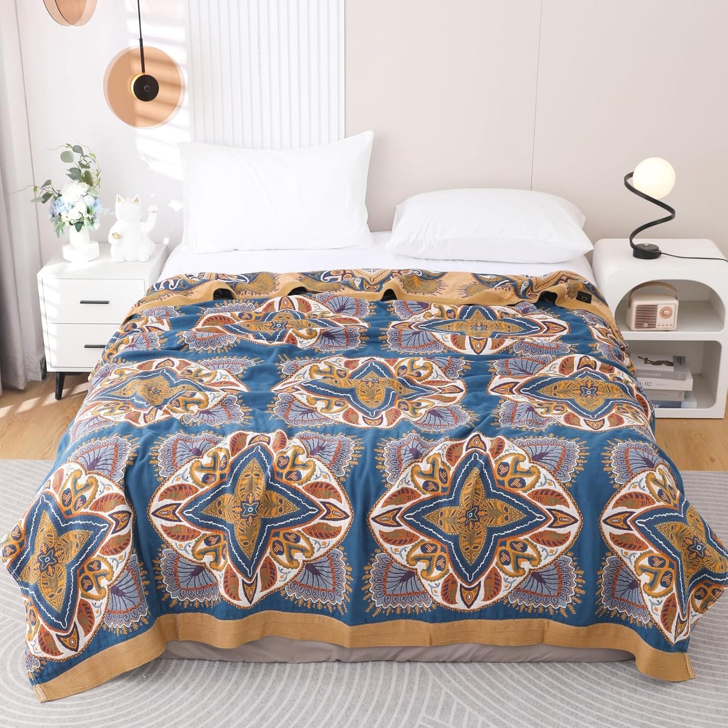 Snycler Boho Throw Blanket for Bed - 100% Cotton Ultra Soft Rustic Quilt Blanket Orange Green Printed Farmhouse Decor Bed Blankets, 80"×90" All Season Rustic Throw for Sofa Couch Chair