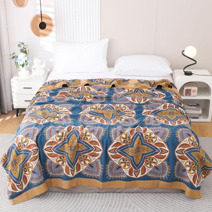 Snycler Boho Throw Blanket for Bed - 100% Cotton Ultra Soft Rustic Quilt Blanket Orange Green Printed Farmhouse Decor Bed Blankets, 80"×90" All Season Rustic Throw for Sofa Couch Chair