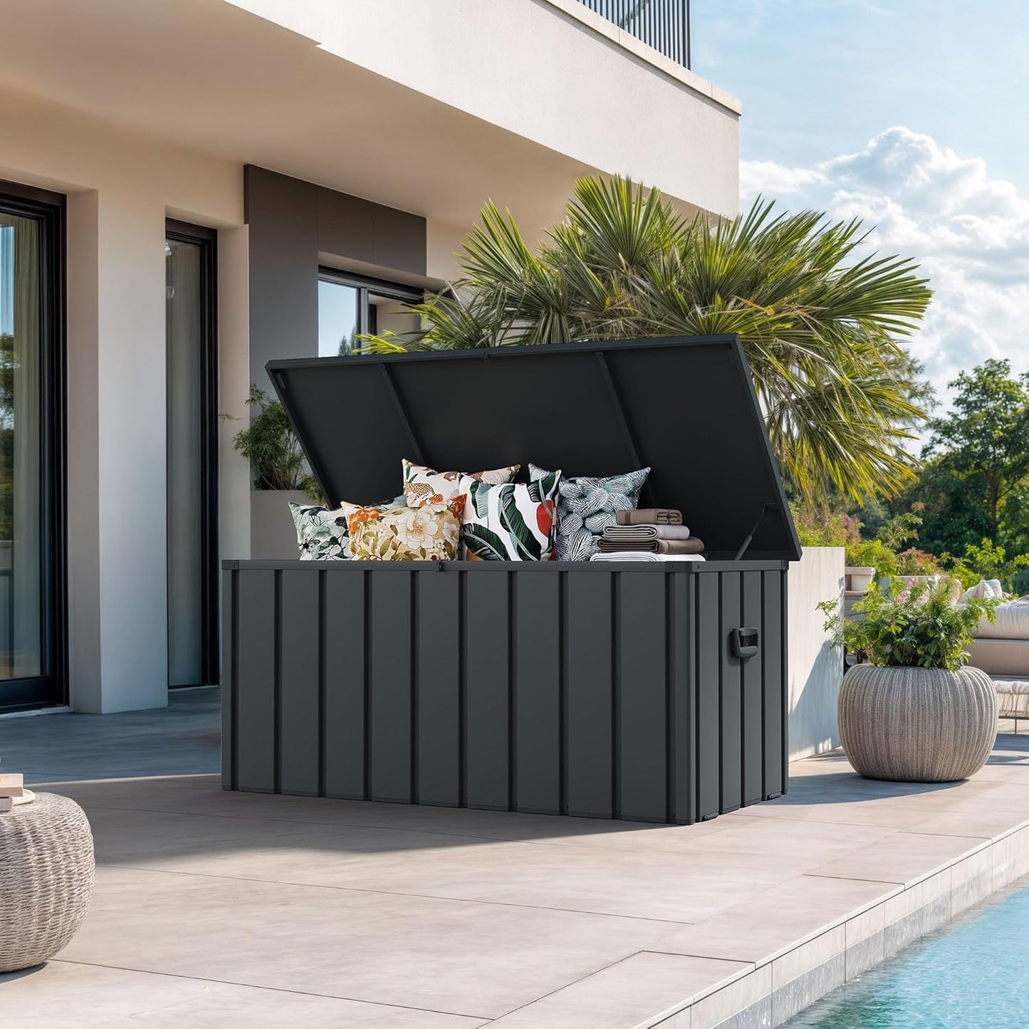 PURPLE LEAF Outdoor Deck Box 100 Gallon Waterproof Lockable Storage Box Container with Lid Deck Organization for Patio Cushions Side Table Pool Accessories Garden Tools, Gray