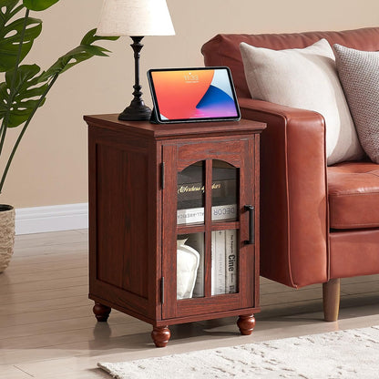 Narrow Side Table,Farmhouse Nightstand with Charging Station,Wood End Table with Glass Barn Door Storage, Cabinet Organizer with Adjustable Shelf, Night Stand for Small Spaces for Living Room Bedroom