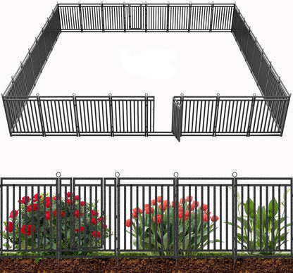 Decorative Garden Fence Large Dog Fence Outdoor for Yard, 72ft (L) × 40in (H), 28 Panels + 4 Gates, Metal Animal Barrier Fencing for Patio & Flower Bed, No Dig, Black-Silver
