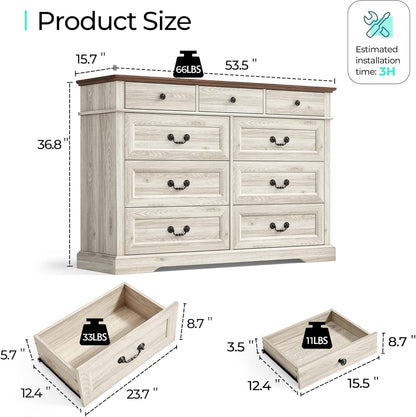 LINSY HOME 9 Drawers Dresser for Bedroom, Wood Bedroom Chest of Drawers, Farmhouse Tall Dresser for Closet, Dressers Organizer for Living Room, Hallway, Beige