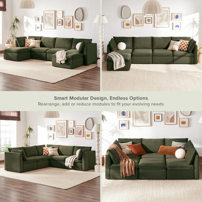 mopio Oversized Modular Sectional Sofa with Fully Removable Covers and Storage, Convertible U, L-Shaped and Sleeper Sectional, Modern Couches with Ottoman Chaise (Olive Green Velvet, 6 Seats, U)