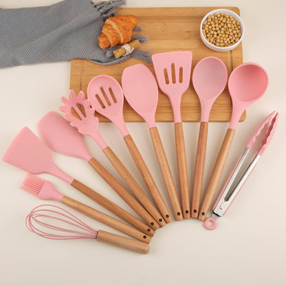 Silicone Cooking Utensils Set, Premium Beech Wood Handle Kitchen Gadgets Utensil Set, Non-Stick Kitchen Utensils Spatula, Tongs, Turner, Whisk, Brush, Spoon, BPA FREE, 446°F Resistant (Pink)