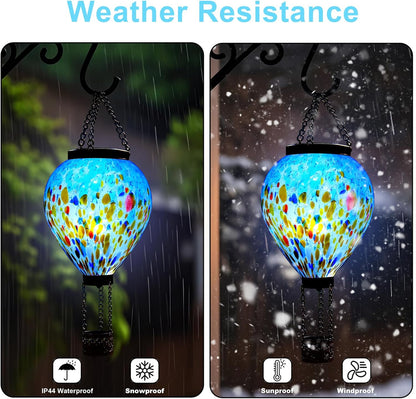 VOREEN Solar Hot Air Balloon Glass Lantern – Hand Blown Multicolor Glass Outdoor Hanging Light, IP44 Waterproof LED, Garden Patio Decoration Gift for Mom Wife Friend, Backyard Night Lighting Decor
