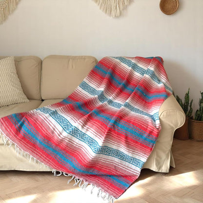 Traditional Handwoven Mexican Blanket, Large Falsa Serape - Soft & Durable - Vibrant Beach, Picnic, Yoga & Camping Mat - Lightweight Boho Throw 70"x50" (Flame)