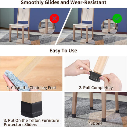 Ezprotekt 24 Pcs Black Chair Leg Sliders for Carpet, Square Chair Glides for Rug, Teflon Furniture Pads Leg Protectors Caps - for Dining Table, Bar Stool, End Table Legs (L Fit:1" - 1.4")