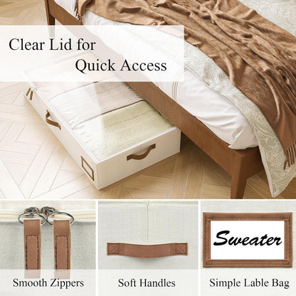 Under Bed Storage Containers, 2-Pack Underbed Storage Box, Collapsible Clothes Storage Bins with Handles and Lid, Medium Under Bed Organizers for Shoe, Blanket, Toy, Pillow, Sheet, Beige