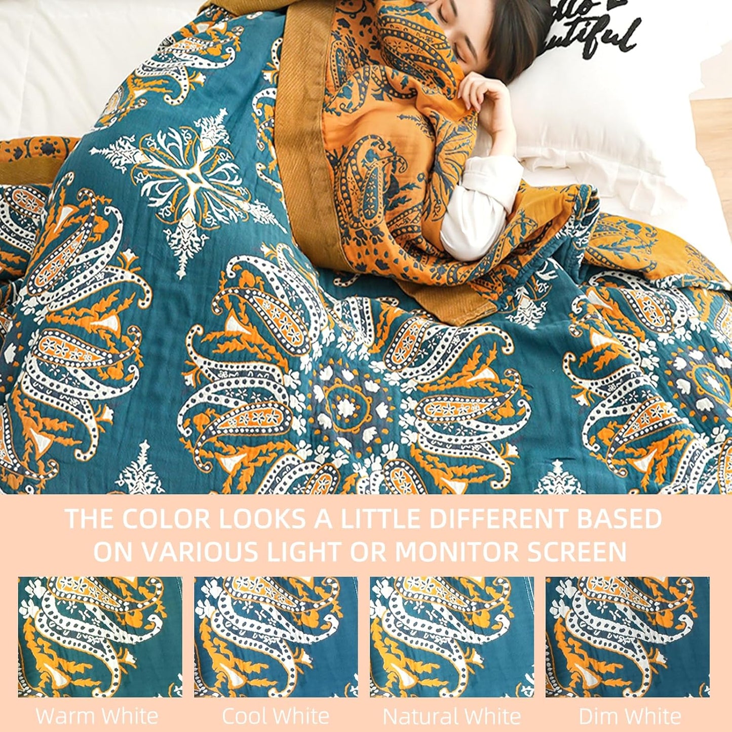 Boho Throw Blanket for Bed - 100% Pure Cotton Ultra Soft Rustic Quilt - Farmhouse Decor Bed Blankets, All Season Rustic Throw for Sofa Couch Chair(91''x 98'', Boho Floral)