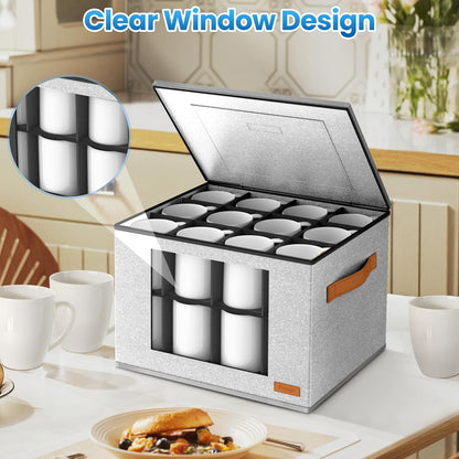 2-Layer Coffee Mug Storage Box with Dividers, Cup Storage Organizer with Zipper Lid and Handles, Stackable China Storage Containers Service for 24 Mugs, Cups and Glasses, Light Grey