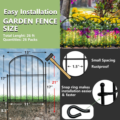 21in(H) x 26ft(L) Garden Fence Animal Barrier No Dig, 26 Panels Rustproof Arched Small Metal Fencing, 1.5in Gap Fence Border, Outdoor Decorative Fence for Yard Dogs Rabbits