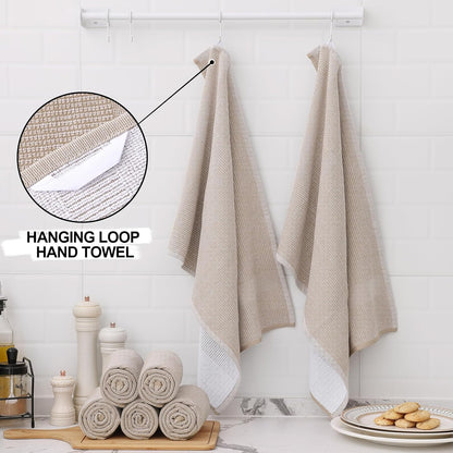Homaxy Premium Kitchen Towels(18”x 28”, 6 Pack), Large Cotton Kitchen Hand Towels, Flat and Terry Dish Towels, 380 GSM Highly Absorbent Tea Towel Set with Hanging Loop, Khaki