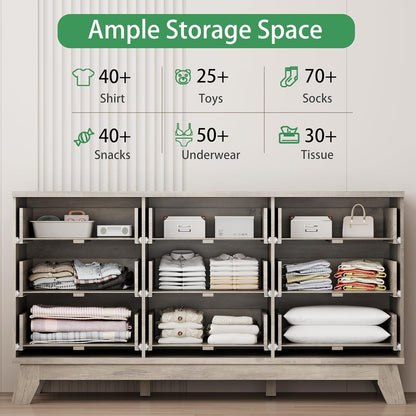 Fluted Dresser for Bedroom with 9 Drawers, 57" Wide Modern Chest of Drawers with Metal Handle, Wooden Dresser TV Stand, Wood Closet Clothes Storage Organizer for Living Room, Hallway, Grey