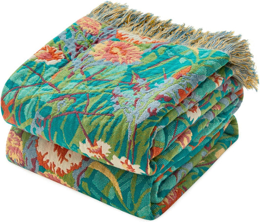 MSGKV Boho Throw Blanket for Bed Twin Size Cotton Muslin Breathable Floral Blanket 60"x80" Sofa Couch Blankets for All Seasons Lightweight Farmhouse Blankets Boho Home Decor