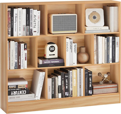 LEYAOYAO 10 Cube Bookshelf with Base,3 Tier Mid-Century Modern Grey Bookcase,Standing Wide Bookshelves Storage Organizer Shelf,Rustic Wood Display Cabinet Book Shelves for Bedroom,Living Room,Office