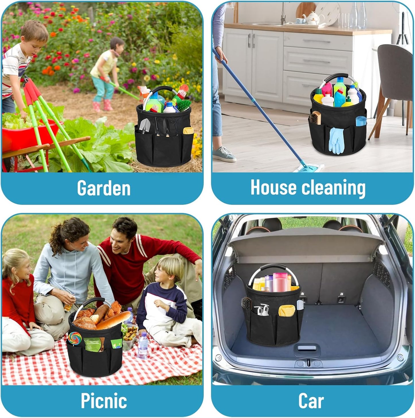 Qivine 17L Cleaning Caddy with Handle, Cleaning Supply Caddy Foldable Tool Bag Cleaning Products Organizers Portable Cleaning Bucket Organiser for Storing Towels (Black)