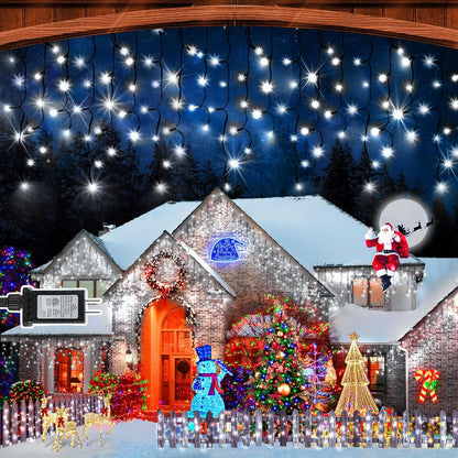 KNONEW 33FT 400 LED Christmas Lights Outdoor Black Wire String Lights with 75 Drops, 8 Lighting Modes, Timer Memory Function Connectable Hanging Curtain Lights for Halloween Party Decor (Cool White)