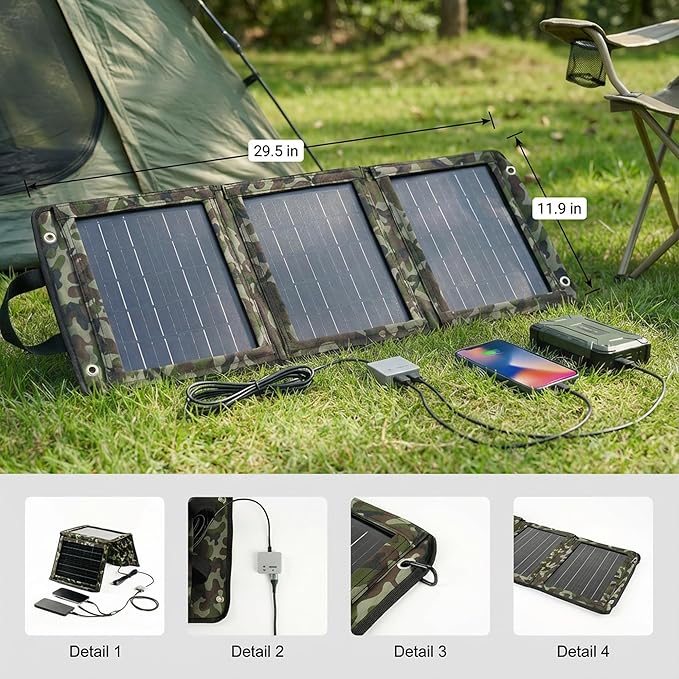 Portable Solar Panel,USB Ports 28W Power Generation Charger for Phone Camping,Hiking, Backpacking,Emergency Solar Charger Folding Waterproof Solar Panels with Carabiners (3-Panel)