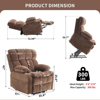 Dual Motor Power Lift Recliner Chair for Elderly,Electric Lift Chair with Adjustable Headrest, Heat and Massage,Lay Flat Recliner with Cup Holders,USB Ports,Type C,Zero Gravity, Brown