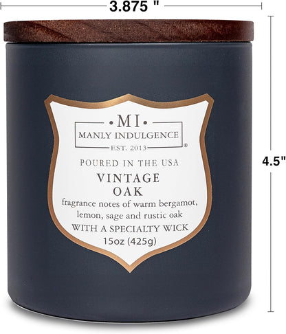 Manly Indulgence Vintage Oak Scented Candles for Men, 15 oz Wooden Wick, Premium Soy Blend Wax, 60H Burn, Candles for Home Scented - Made in The USA