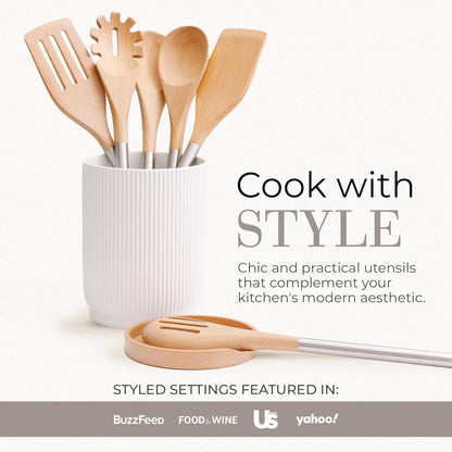 STYLED SETTINGS Wood Cooking Utensils Set with Stainless Steel Handles – 6-PC Durable Wooden Spoons for Cooking, Serving, & Mixing – Kitchen Utensils Set for Nonstick Cookware, Great for Gifting