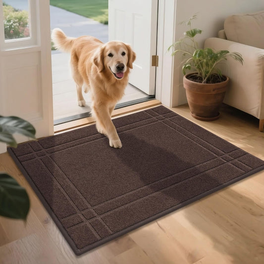 JSEI Entryway Rugs Doormat 32"x48", Non-Slip Dirt Trapper Door Mats Indoor, Washable Absorbent and Stain Resist Welcome Floor Mat for Front Door, Dog Door Mat, Muddy Wet Shoes & Paws, Brown