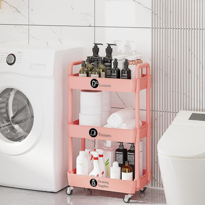 Laiensia 3-Tier Rolling Cart with Wheels,Multifunction Utility Storage carts, Kitchen Storage Organizer,Mobile Shelving Unit for Bathroom,Laundry,with Classified Stickers,Pink