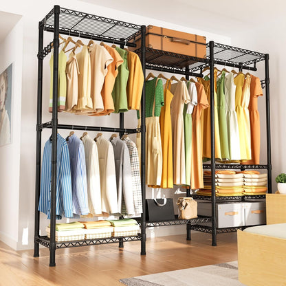 Heavy Duty Garment Rack Large Clothes Rack,Freestanding Closet Portable Clothing Rack with 8 Adjustable Wire Shelves and 4 Hang Rods,Metal Closet Storage Wardrobe Organizer System,Max Load 800lbs