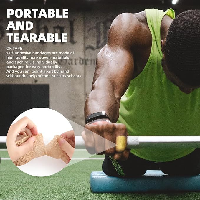 OK TAPE Self Adherent Cohesive Bandages Wrap - 12Packs, 3" x 5 Yards, Non-Woven Self Adhesive Bandage Wrap for Thumb, Finger, Wrist, Ankle, Vet Wrap Bandages Tape (Beige)