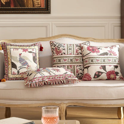 patdrea Designer Throw Pillow Covers Set of 4,Vintage Red Linen Pillowcases with Flower and Birds Pattern Pillows Cover for Couch,Farmhouse Decorative Cushion for Bed Living Room Outdoor Car