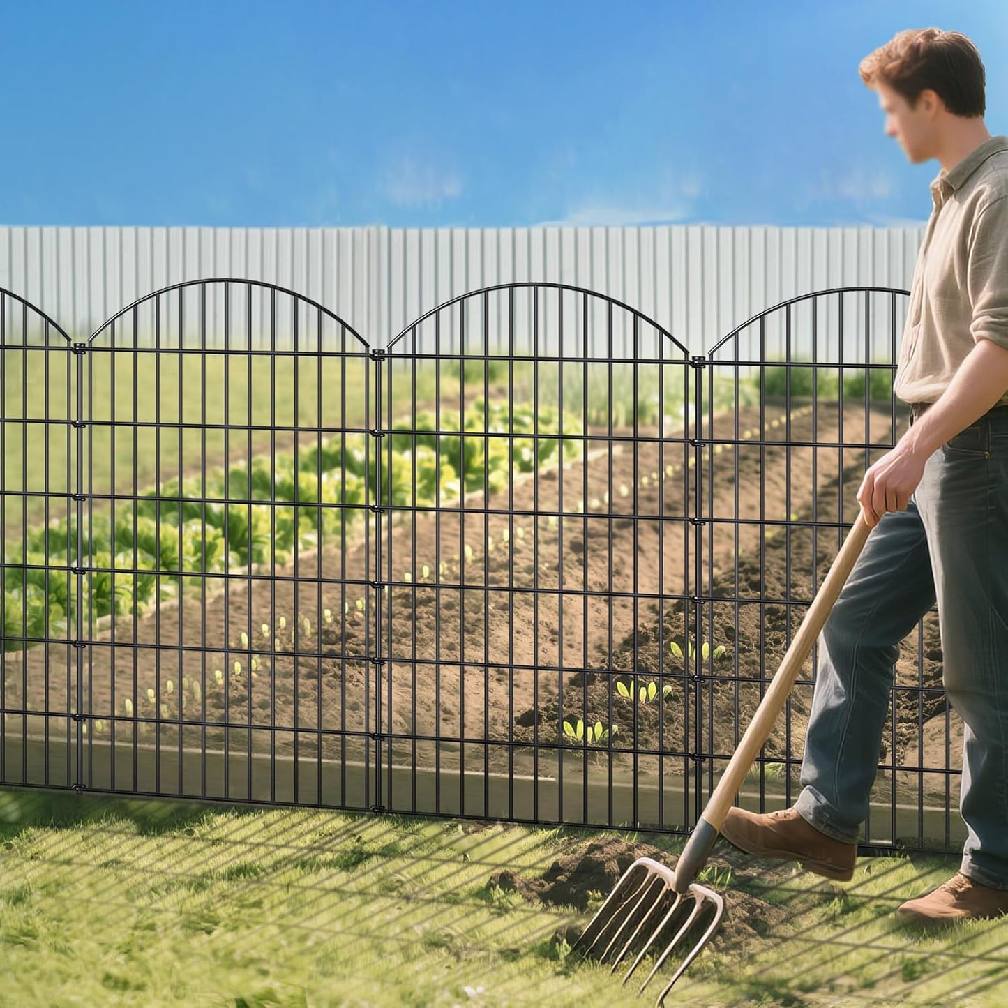 Metal Garden Fence 48in (H) x 20.3ft (L), 8 Panels + 9 Stakes Dog Fence Border Fence Animal Barrier, No Dig Garden Fencing for Yard Flower Bed Lawn Patio Outdoor, CTW4808 Black