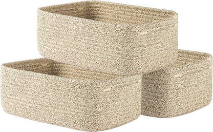 Small Woven Basket, 12 x 8 x 4.5 Inches, Storage Basket for Organizing, Cute Small Rope Shelf Closet Cube Storage Bins Baskets for Shelves, Dog Toy Gift Baskets Empty, 3 Packs, Mixed Brown