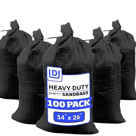 DURASACK Heavy Duty Sand Bags with Tie Strings Empty Woven Polypropylene Sand-Bags for Flood Control with 1600 Hours of UV Protection, 50 lbs Capacity, 14x26 inches, Black, Pack of 100