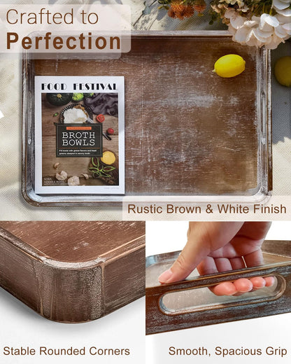 22 Inch Rustic Wood Serving Tray with Handles, Large Rectangular Wooden Ottoman Tray, Beautiful Home Décor for Living Room Coffee Table Couch, Ideal for Serving Food Breakfast BBQ Parties