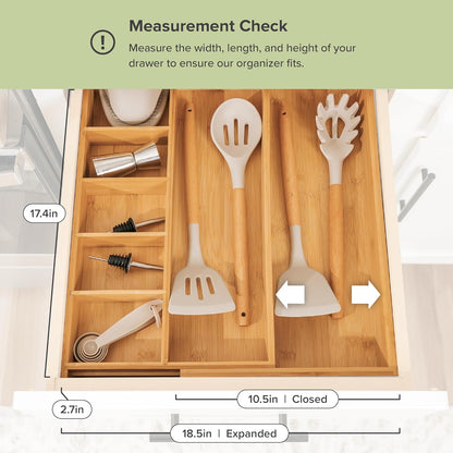 Adjustable Kitchen Drawer Organizer for Utensils and Junk, Food-Safe Contract Grade with 100% Sustainable Wood, Expandable from 10.5 to 19 Inches Wide - Natural Bamboo