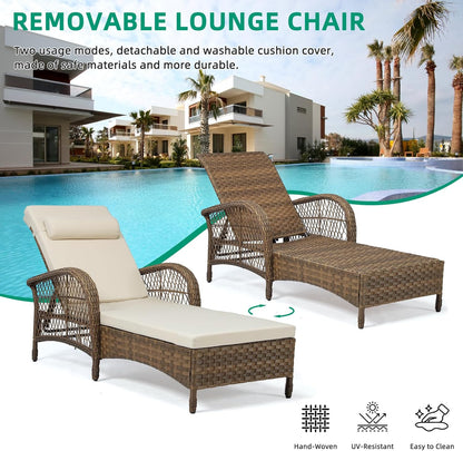 VIVIJASON Outdoor Wicker Chaise Lounge Chair, All-Weather PE Rattan Cushioned Patio Lounger Set with Side Table, 6-Position Adjustable Outside Pool Sunbathing Recliner with Armrest & Pillow, Beige