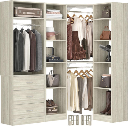 Corner Closet System with 3 Drawers, Corner Closet Organizer System with 13 Shelves & 3 Hanging Rods, 63.2"L * 39.2"W Reversible L Shaped Walk-in Closets, Load 2000+LBS, White Oak