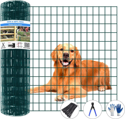 Welded Wire Fence, 50ft(L) x 36inch(H) PVC Coated Wire Fencing for Dog, 2 Inch x 3 Inch 16GA Fencing for Chicken, Anti-Rust Roll Metal Wire Mesh Fence for Yard Vegetable, Green