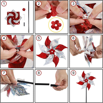 Hausse 10 Pack Reflective Pinwheels, Extra Sparkly Wind Sculptures for Garden Christmas Holiday Winter Decor, Bird Devices Deterrent to Scare Birds Away from Yard Patio Farm, Red & Silver