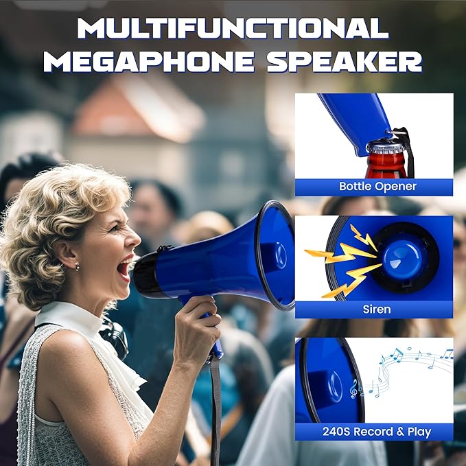 MyMealivos Portable Megaphone Bullhorn 20 Watt Power Megaphone Speaker Voice and Siren/Alarm Modes with Volume Control and Strap (Blue)