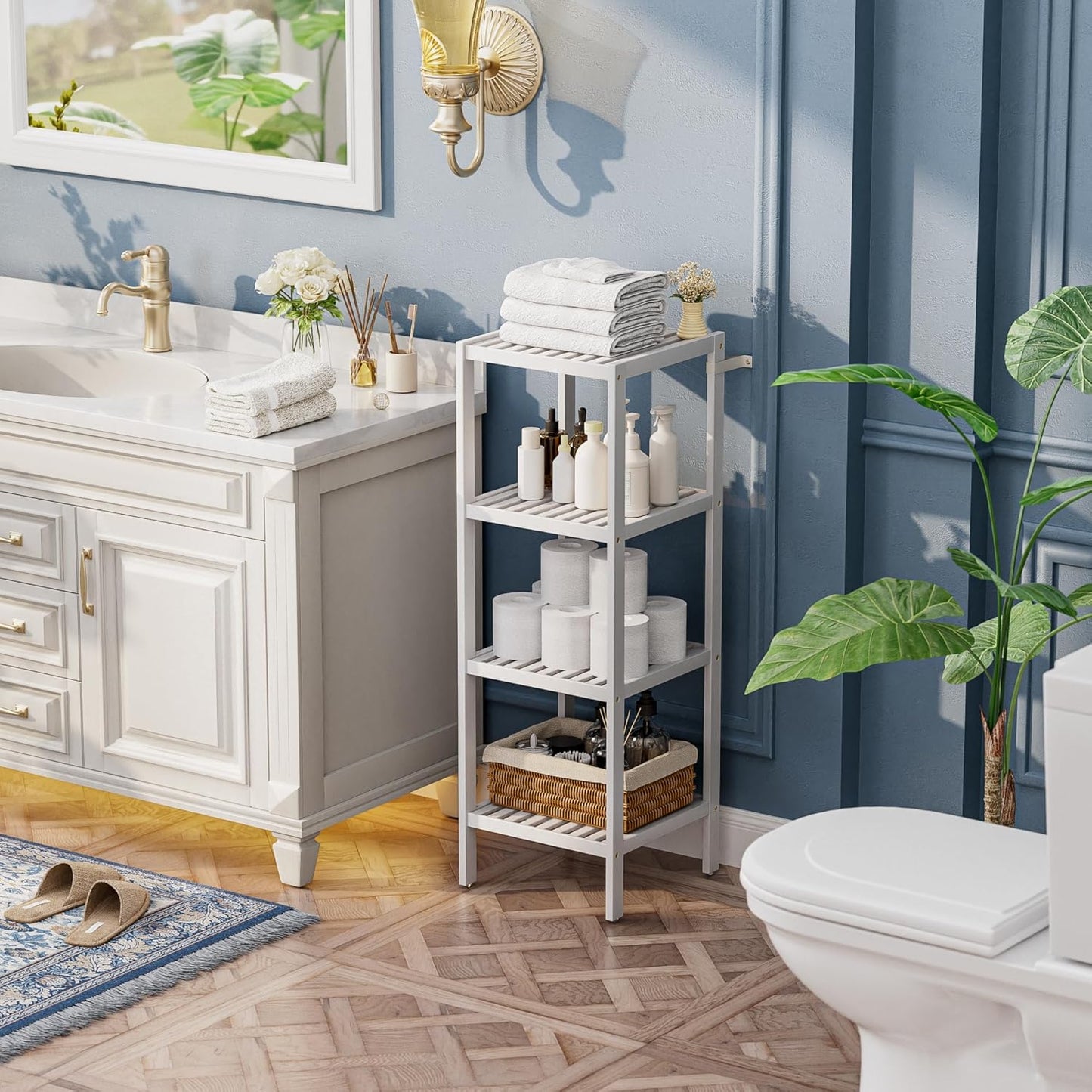 SMIBUY Bathroom Storage Shelf, 4-Tier Bamboo Rack Organizer, Multifunctional Shelving Unit for Living Room Bedroom Kitchen (White)