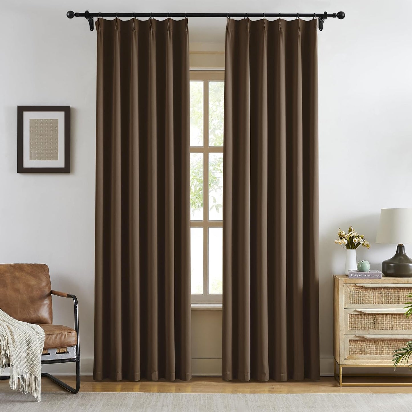 KangBang Chocolate Brown Blackout Curtains 90 Inches Long for Bedroom, Pinch Pleated Thermal Privacy Assured Draperies for Living Room Kitchen with Hooks,40”Wx90”L,2 Panels