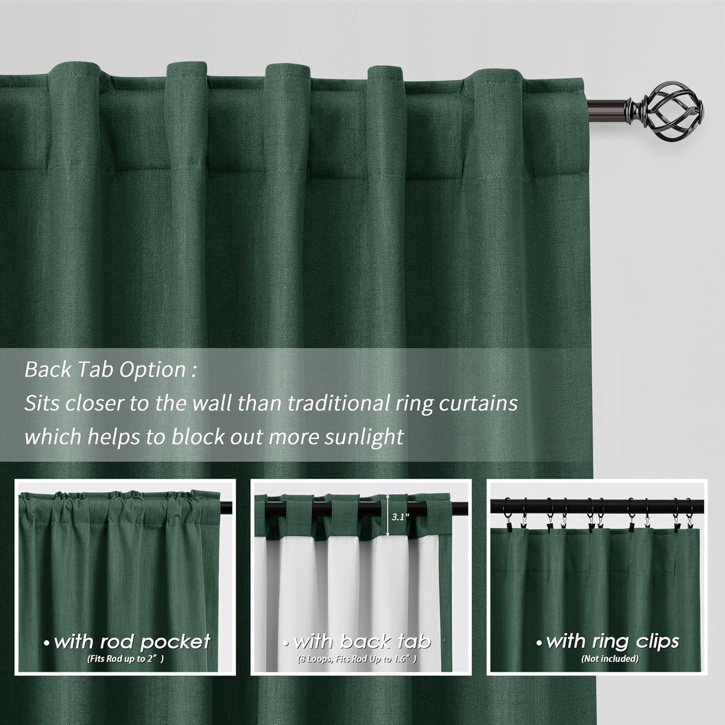 BOODII Room Darkening Curtains 120 Inch Back Tab Thermal Insulated Black Out Linen Drapes Extra Long Blackout Curtains for Patio Door Large Window Ceiling to Floor Light Blocking Green 52x120