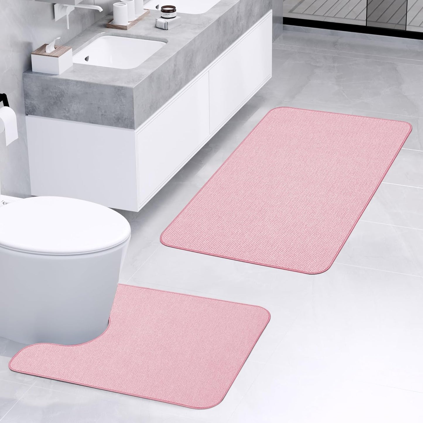 Bathroom Rugs Set 2 Pieces,Thin Bathroom Mats,Toilet Rugs,Quick Dry,Non-Slip,Machine Washable,Low Pile,Absorbent Bath Mats,Shower,Sink,Home Decor Accessories.Pink,1'5"x2'3"+1'8"x2" U Shape