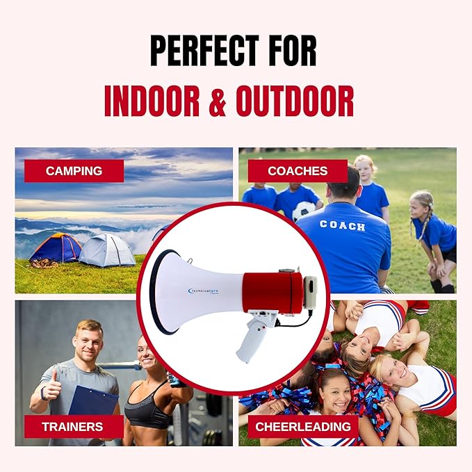 Technical Pro Rechargeable Portable 75-Watt Megaphone Bullhorn Speaker w/Siren & Detachable Microphone - Battery w/Battery a Built-in AC Wall Charger, Good for Trainers, Coaches, Cheer Leaders