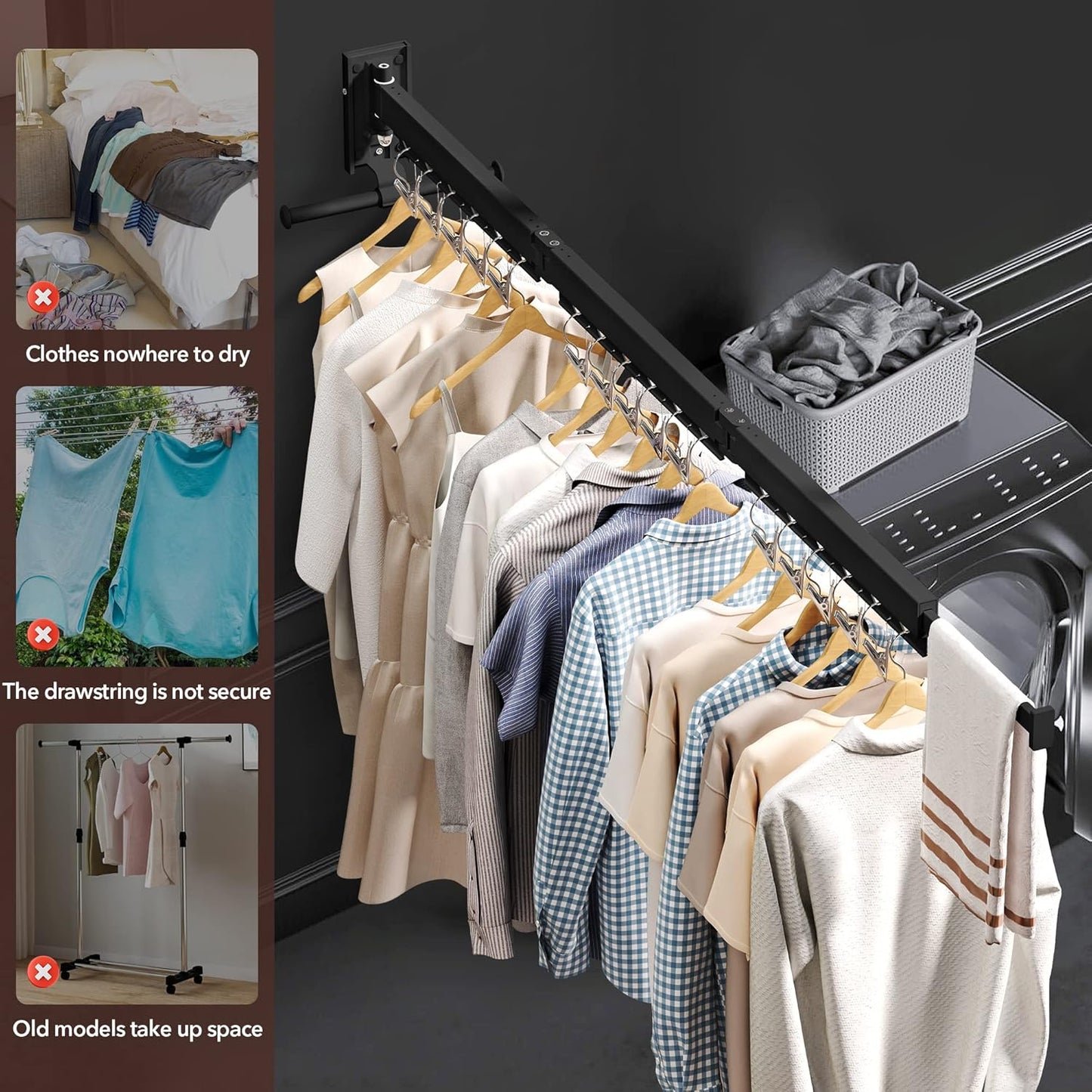 Wall Mounted Clothes Hanger, Aluminum Clothes Drying Rack, Space Saver, Retractable, Windproof Holes, with Clips