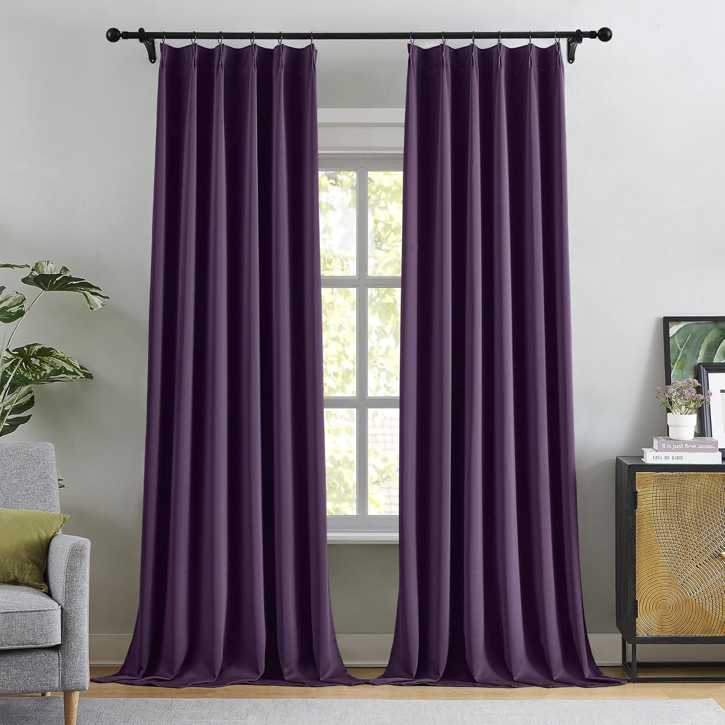 KangBang Purple Pinch Pleat Curtains 108 Inches Long, Blackout Pleated Vertical Curtains Sound Dampening Polyester Modern Drapes for Living Room Office with Hooks (40x108,9FT,2 Panels, Royal Purple)