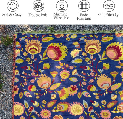 Snycler Boho Throw Blanket for Bed, 100% Organic Cotton Muslin Soft Throw-Blue Boho Floral Farmhouse Rustic Spring Summer Fall Decor Blanket for Couch Sofa Quilt and Gift, 80" x 90"