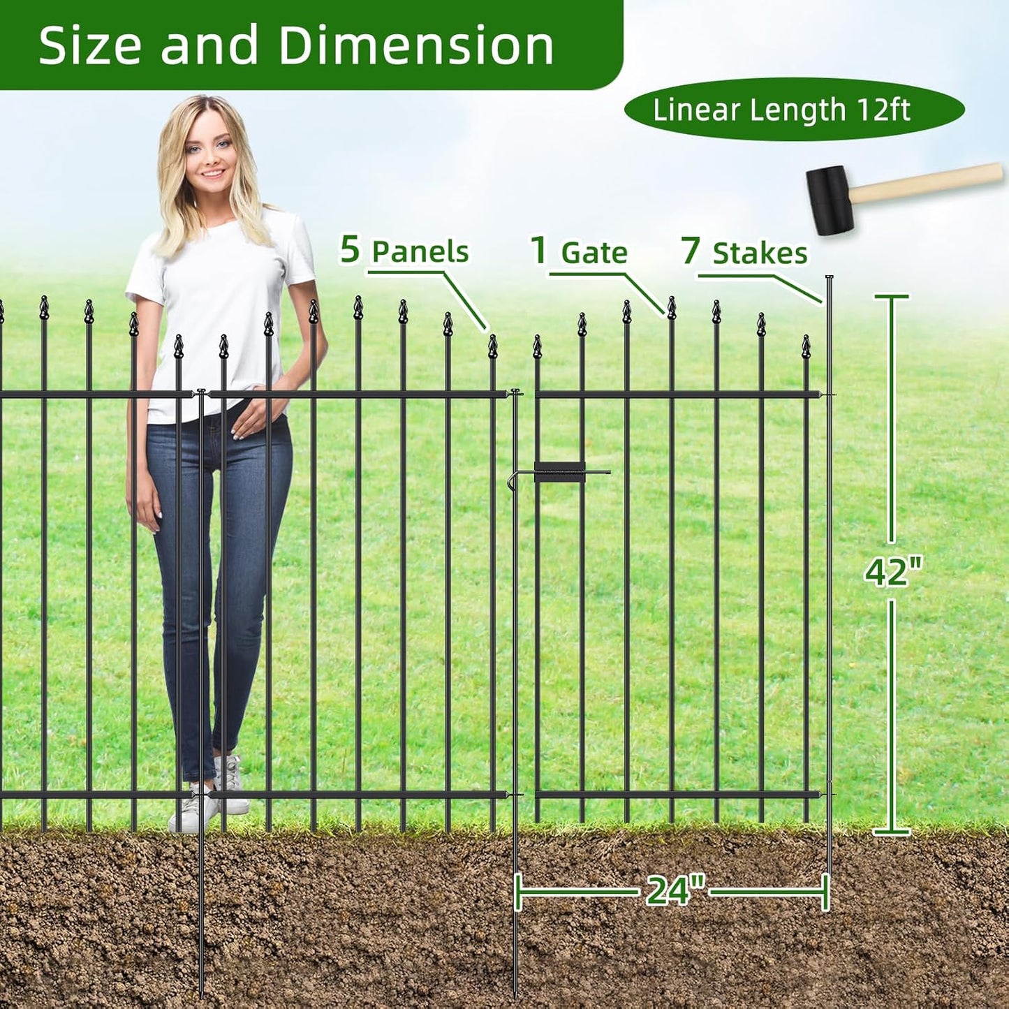 Metal Garden Fence with Gate 42 in H x 12 ft L, 1 Gate + 5 Panels Border Dog Fence Panels Animal Barrier, No Dig Garden Fencing for Yard Patio Flower Bed Lawn Outdoor, Arch Black