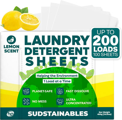 Sudstainables Laundry Detergent Sheets (200 Loads) – Eco-Friendly, Zero Waste, Plastic-Free Laundry Washing Machines Soap Sheets; Dissolvable, Space-Saving Strips for Travel (Lemon)